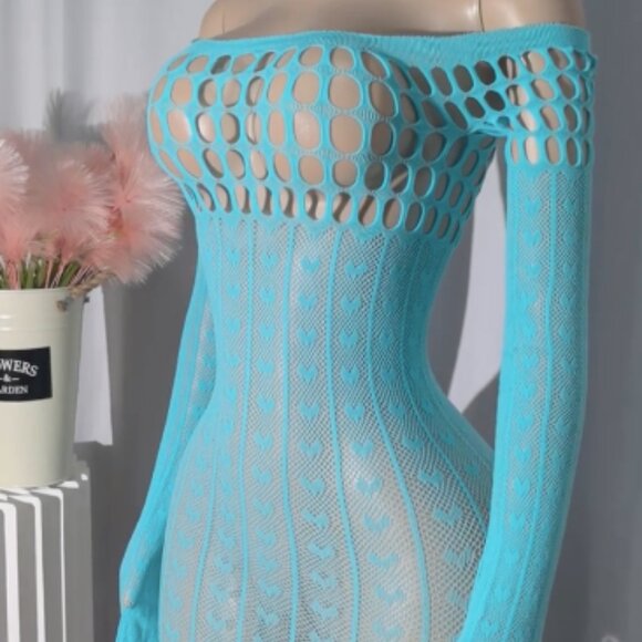 Light Blue Heart Pattern Fishnet Crop Bodycon Dress Cover Up - Picture 2 of 7